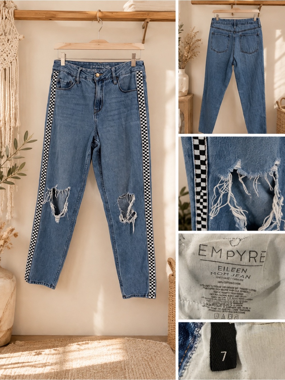 Empyre Light Blue High-Rise Distressed Jeans with Checkerboard Side Tape Size 7
